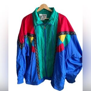 Vintage 80s Casual Isle Nylon Track Jacket Windbreaker Color-block Aztec Trim